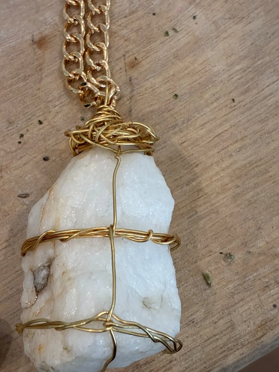 Mooncliff — large raw white beach stone hand-wrapped in gold-tone wire
