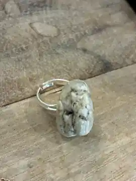 Second view of the Moonwash Ring showing the sculpted contours of the pale gray stone